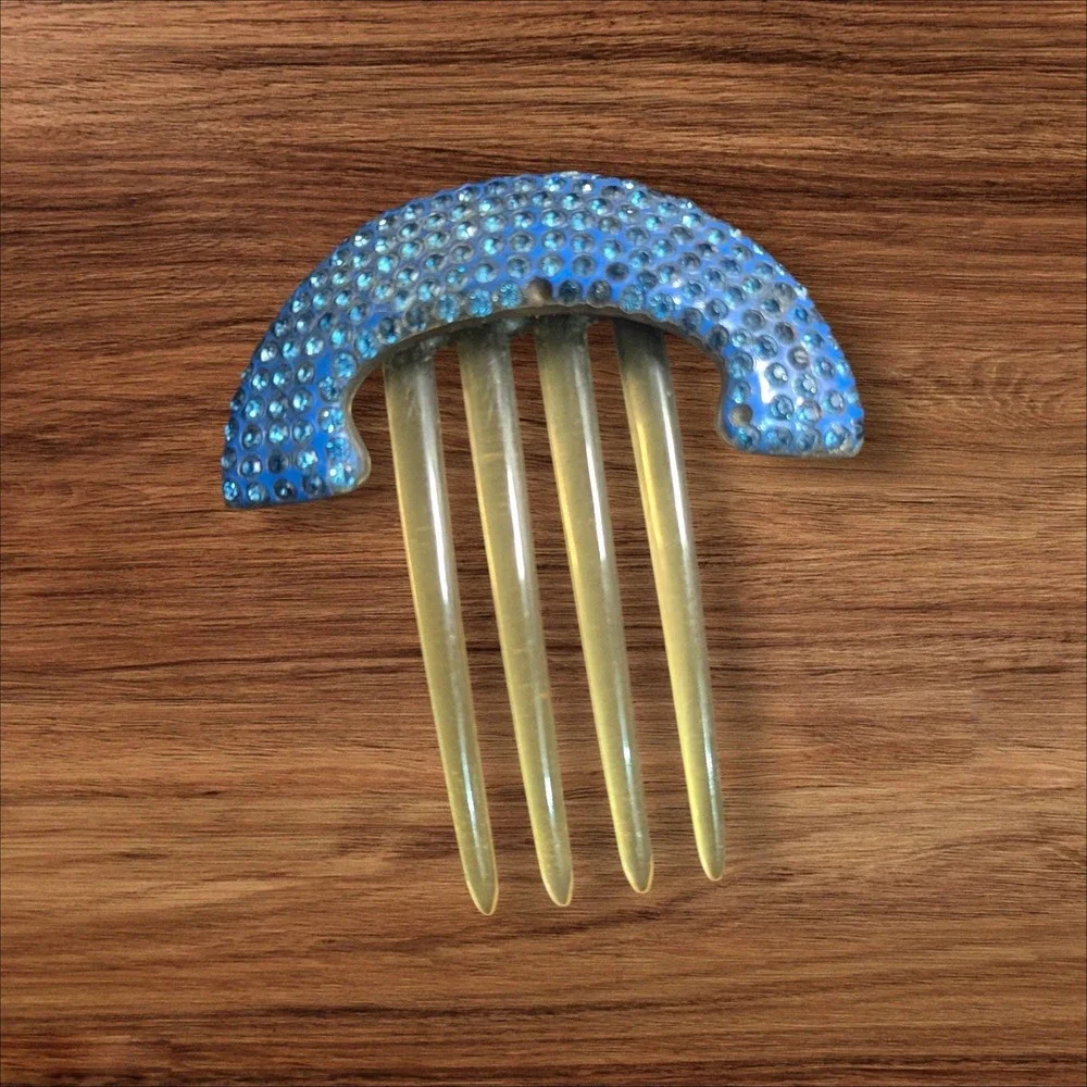 Covabob‎ Decorative Hair Comb Blue Rhinestone Accents Clear Four-Prong vintage